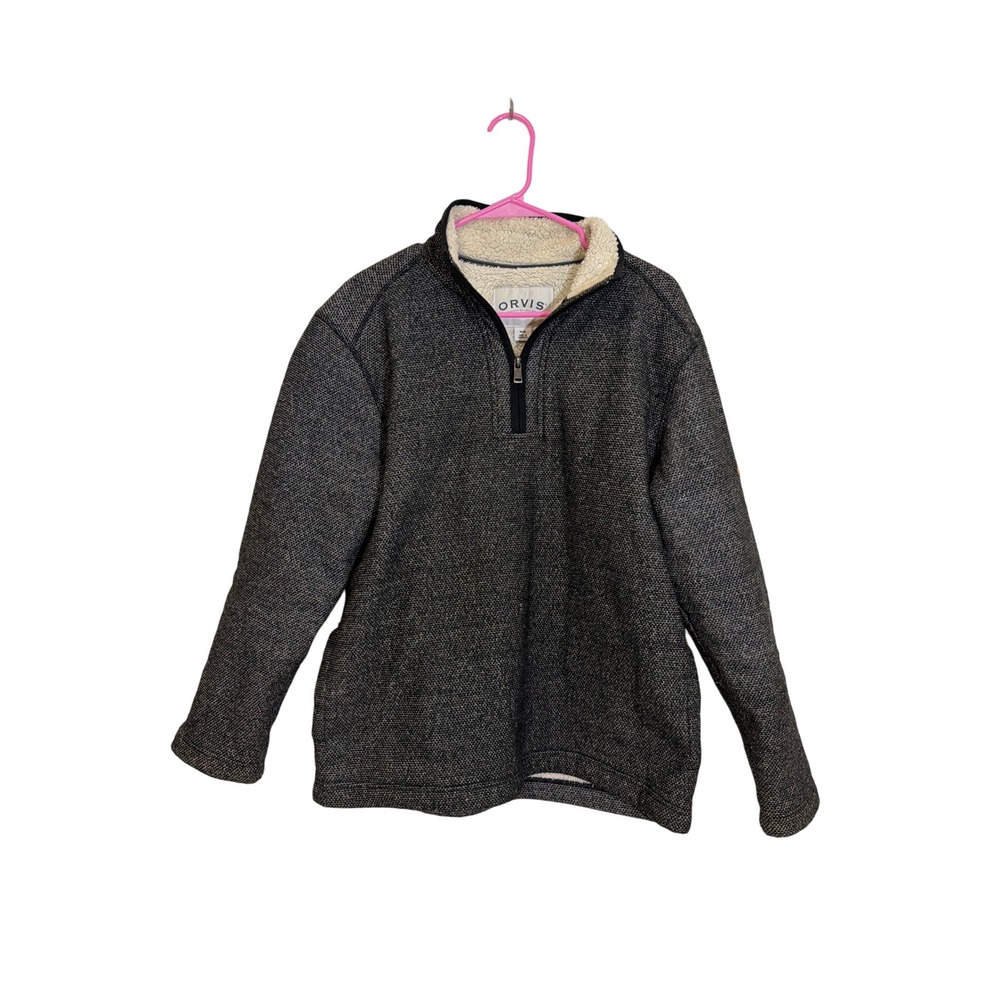 Orvis Mens Quarter Zip Sherpa Lined Pullover Sweater Charcoal Gray Marl Size M